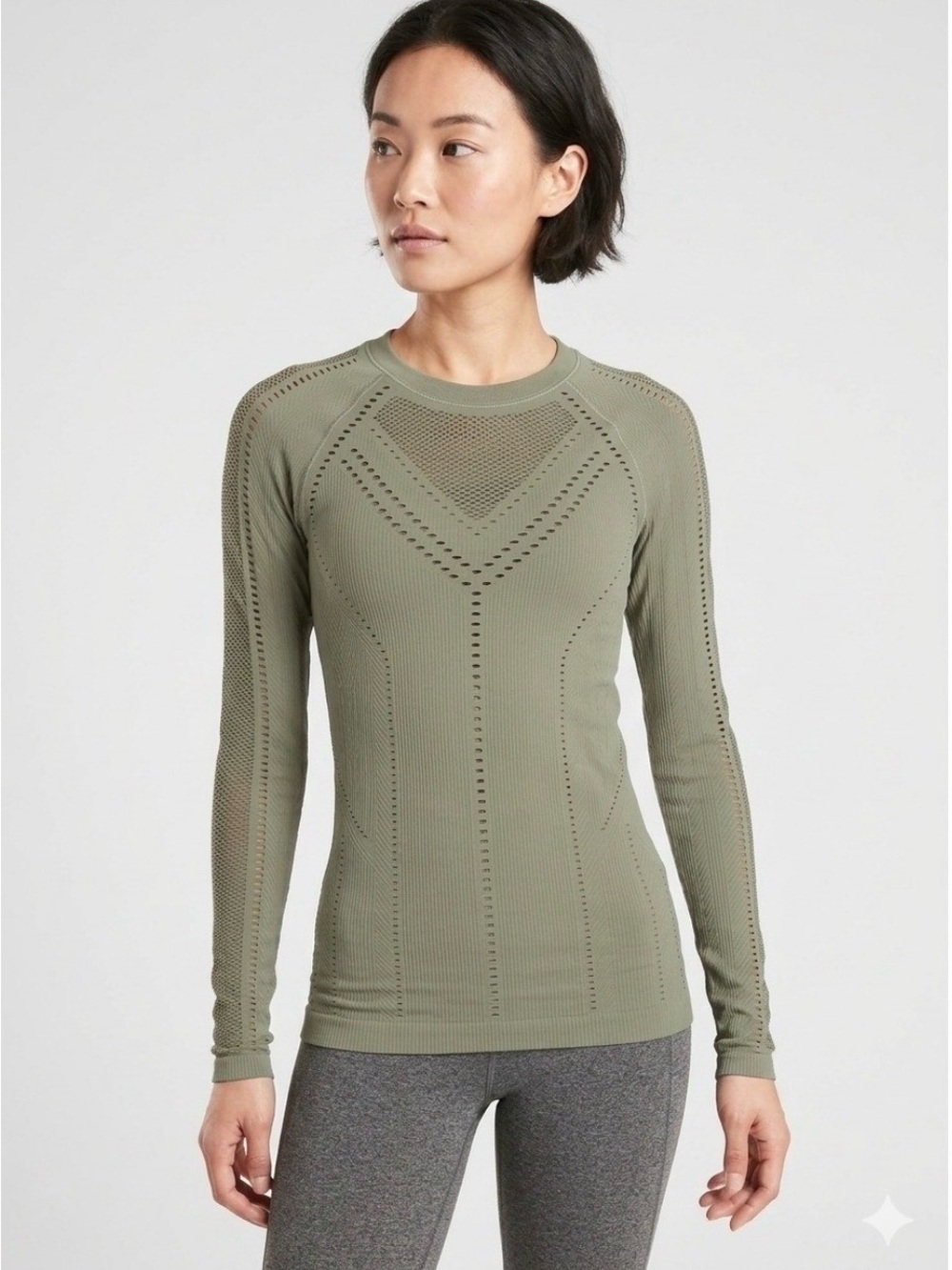 NWOT- Athleta “Oxygen” Mesh Seamless Long Sleeve Top - Laurel Olive Green - XS
